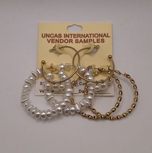 Gold & Pearl Hoop Earring Set 3 Pair Statement Hoops NWT